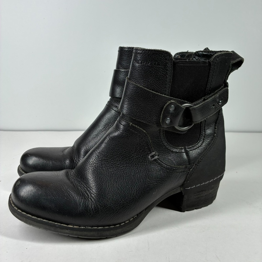 Merrell Shiloh Women's US 7 Black Leather Block Heel Pull-On Ankle Boots J69918